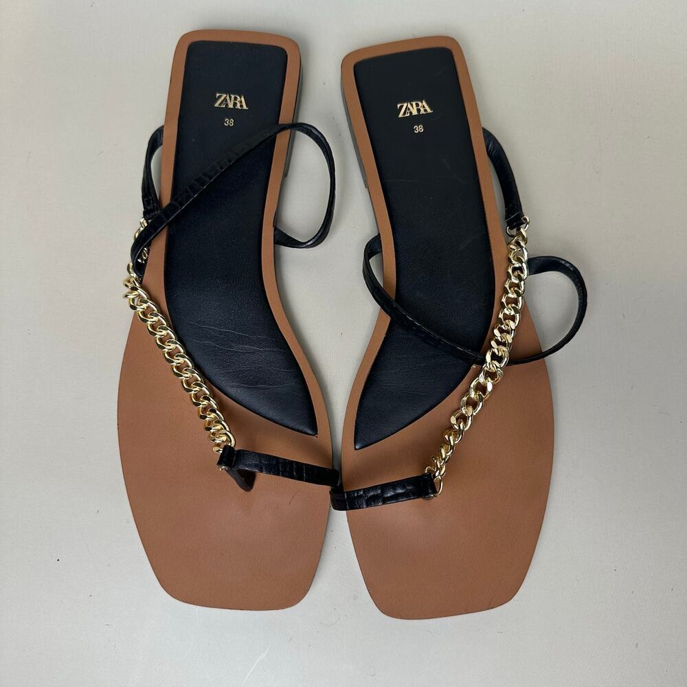 Zara Black Flat Sandals with Gold Chain Detail Stylish Women's Footwear Size 38